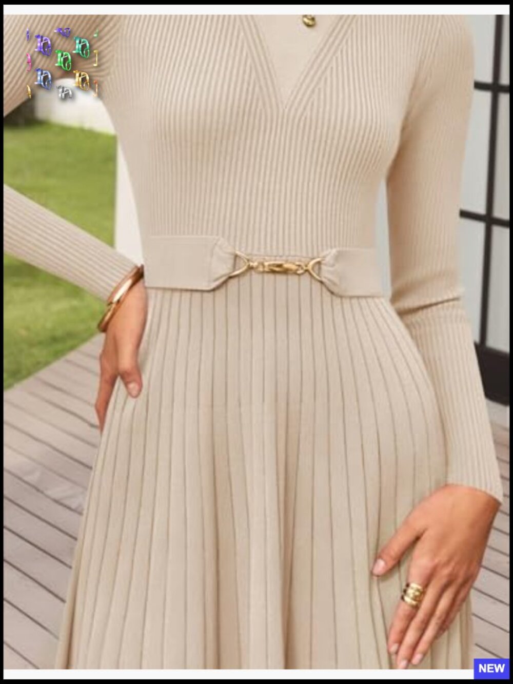 Long Sleeve Midi Sweater Dress Pleated A-Line Flowy Knit Dress with Belt - Picture 4 of 7
